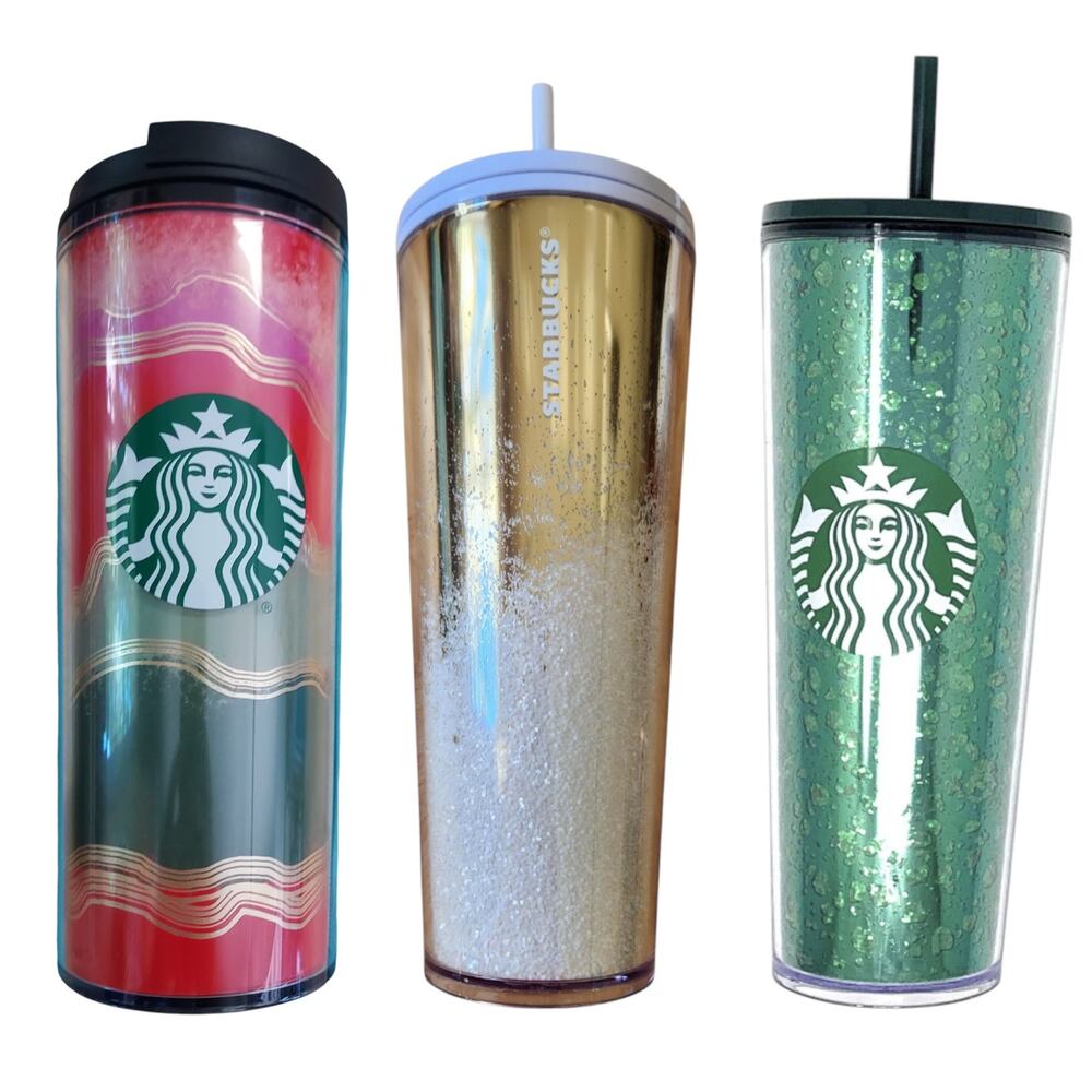 NEW Set of 3 Starbucks Holiday Red Green Gold Glitter 2019 2021 Tumbler Cups
